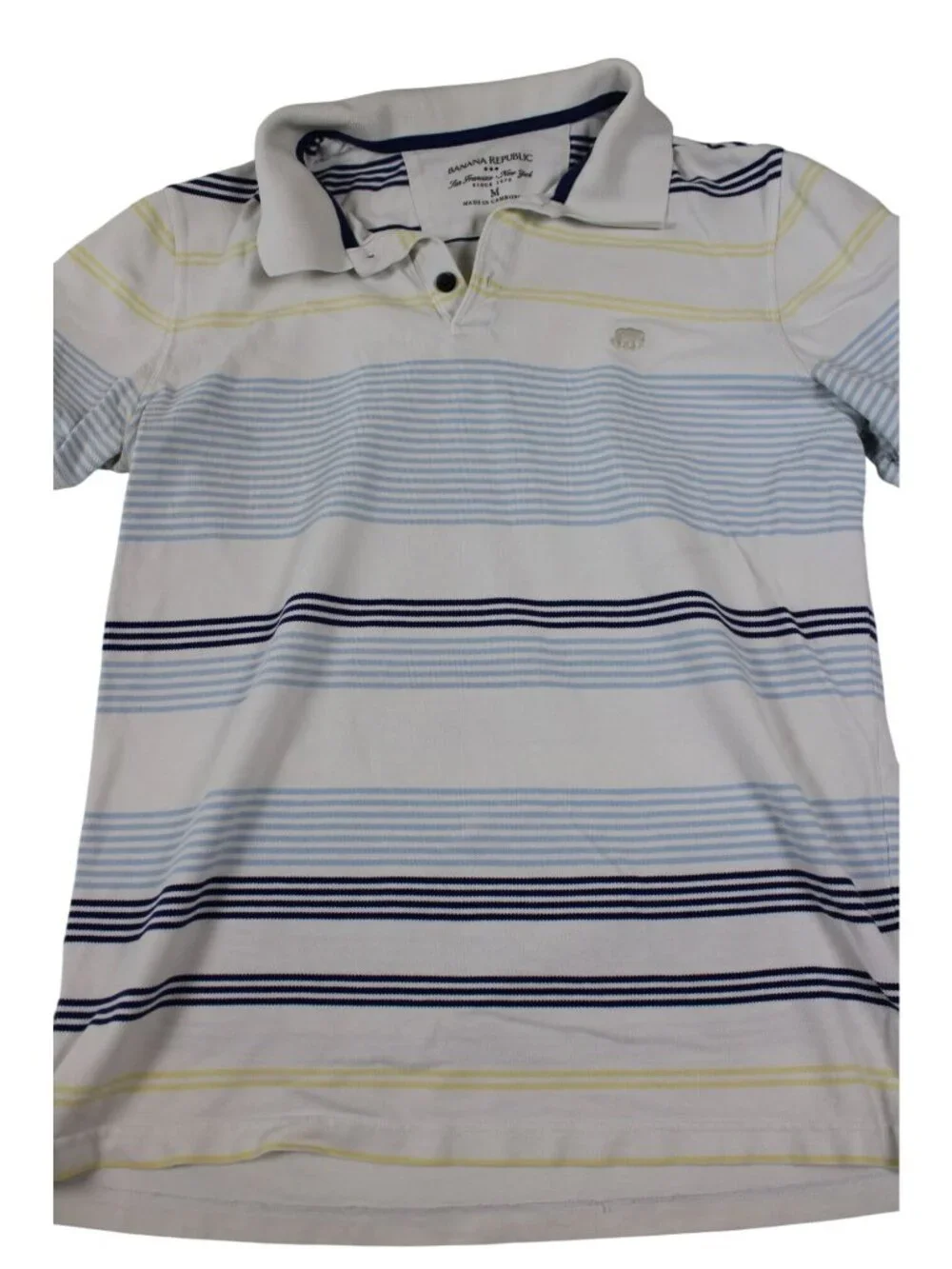 Banana Republic Mens Striped Polo Shirt White Blue Yellow Short Sleeve M